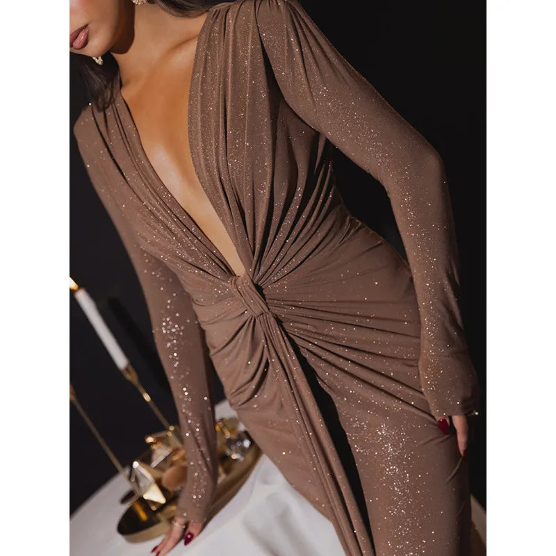 Robe Maxi Sexy à Paillettes avec Décolleté Plongeant pour Femmes 2024 Automne Élégante à Manches Longues, Froncée, Moulante, Mode avec Fente - Parfaite pour les Soirées en Club ou les Fêtes