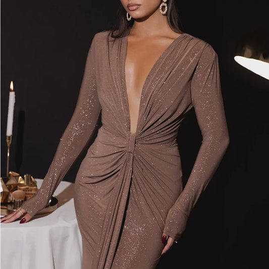 Robe Maxi Sexy à Paillettes avec Décolleté Plongeant pour Femmes 2024 Automne Élégante à Manches Longues, Froncée, Moulante, Mode avec Fente - Parfaite pour les Soirées en Club ou les Fêtes