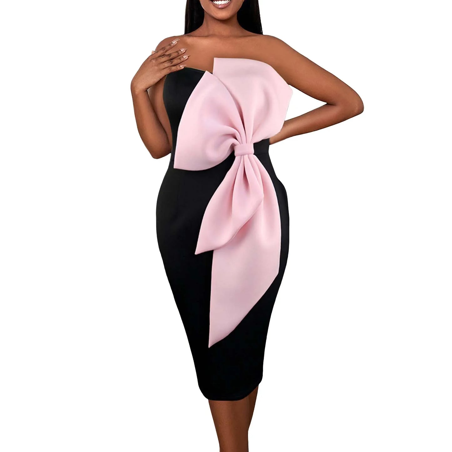 Robe de Soirée Formelle pour Femme - Bustier, Patchwork avec Grand Nœud, Taille Haute, Coupe Moulante, Midi, Grandes Tailles Disponibles