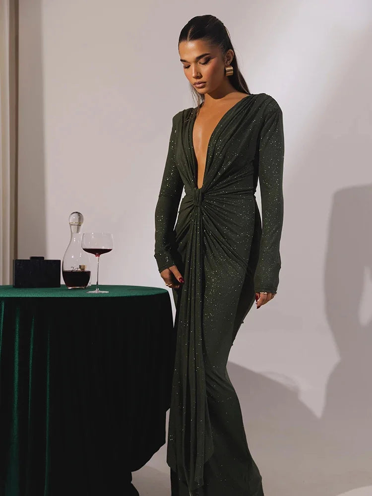 Robe Maxi Sexy à Paillettes avec Décolleté Plongeant pour Femmes 2024 Automne Élégante à Manches Longues, Froncée, Moulante, Mode avec Fente - Parfaite pour les Soirées en Club ou les Fêtes